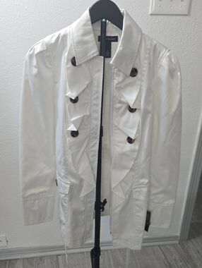 INC International Concepts White Ruffle-Front Trench Coat